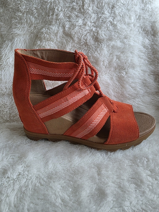 Sorel Shoes - Sorel Orange Suede Lace-Up Strappy Wedge Sandal
